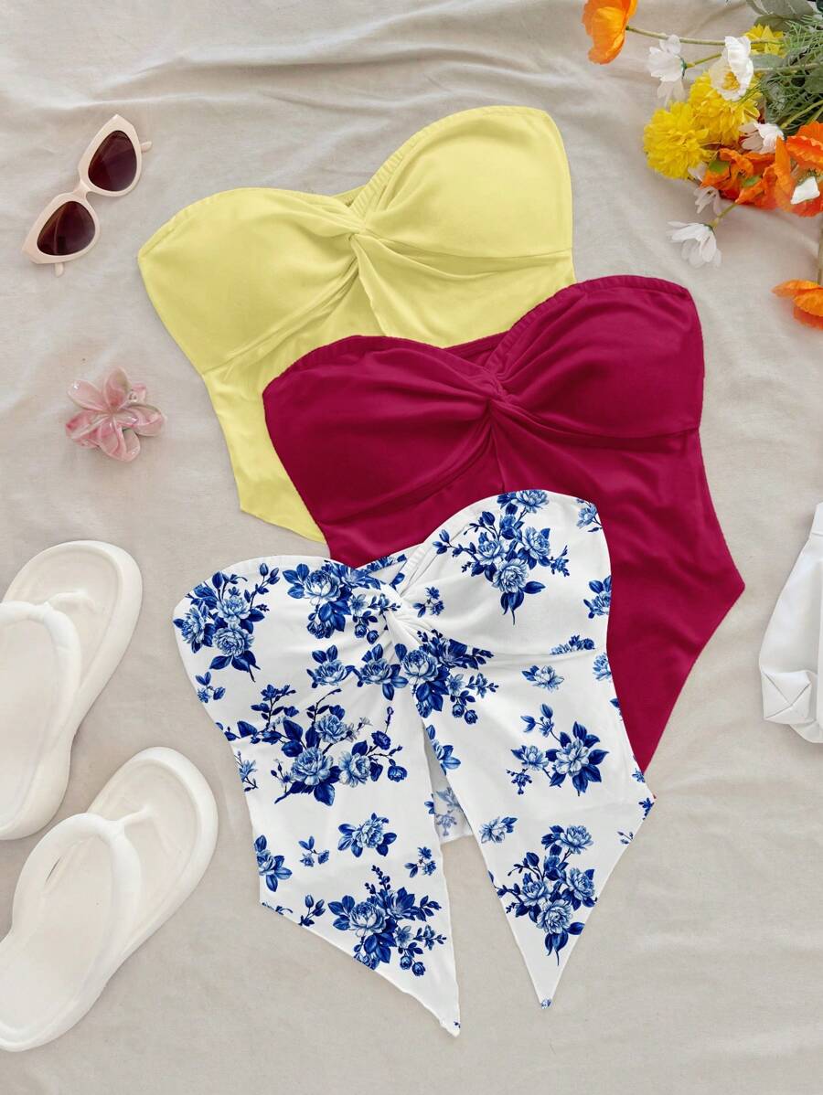 Soleia 3件套女士大码休闲花卉印花上衣，淡黄色、深紫色、蓝色，适合夏季