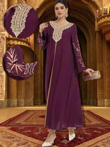 Al Najma Luxury Embroidered  Arabic Desses For Women, Women's Turkish Long Dress,Burgundy Dress,Luxurious Jalabiyas - Rose Red - View 3