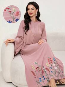 Al Najma Floral Print V-Neck Long Sleeve Ruffle Hem Arabian Dress,Modest - Pink - View 1