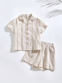 SHEIN 男童休闲条纹衬衫和短裤套装 - 彩色 - 查看 3