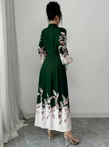 Elenzga Đầm dài in họa tiết toàn bộ cho nữ năm 2024 Maxi Outfit dành cho nữ - Màu xanh lá cây đậm - Xem 2