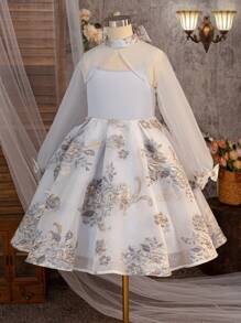 SHEIN 2pcs Set Tween Girls Elegant Jacquard Patchwork Stand Collar Slip Dress & Cover Up Outfit