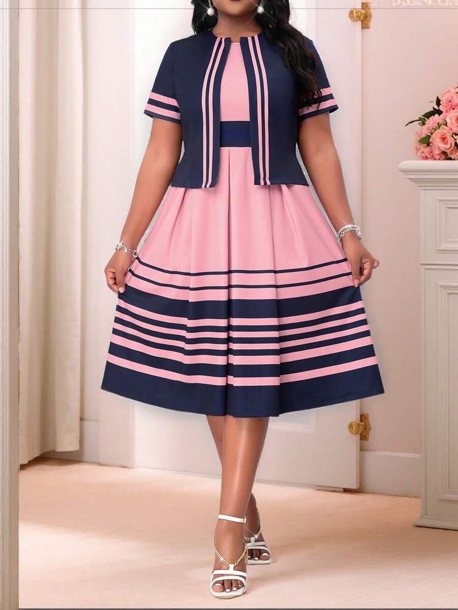 SHEIN Lady 春夏休闲优雅波西米亚风深蓝色条纹露脐上衣外套搭配粉色几何印花无袖A字摆伞裙,大码连衣裙,大码两件套,夏季上衣,商务休闲女式吊带裙,女士家居服套装,女士教堂服装,女士春季穿搭 - 彩色 - 查看 1