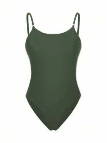 SHEIN Swim Costume da bagno intero donna con spalline sottili in stile solido e semplice - Verde militare - Visualizzare 1
