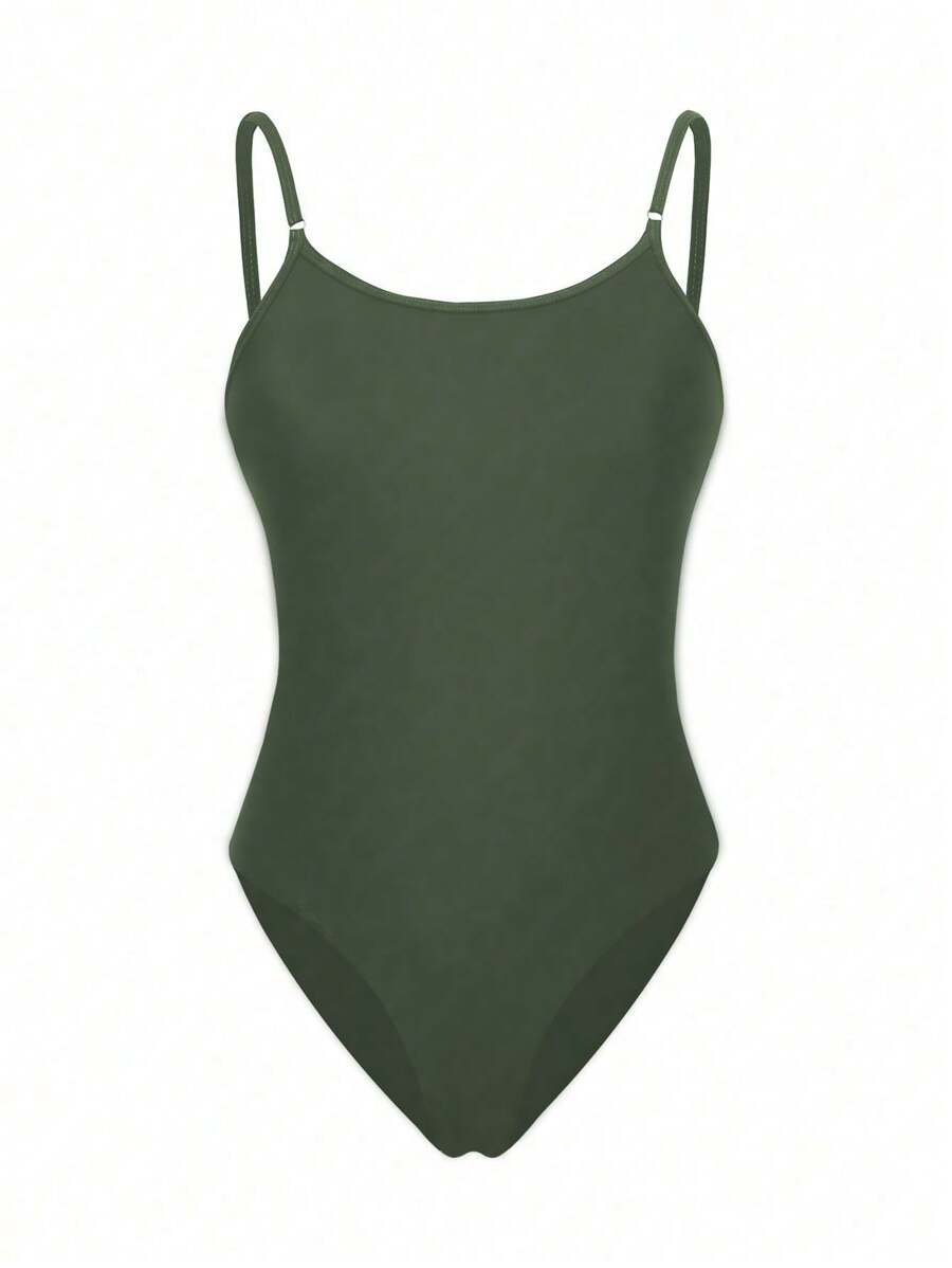SHEIN Swim Costume da bagno intero donna con spalline sottili in stile solido e semplice - Verde militare - Visualizzare 1