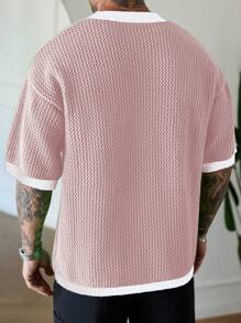Manfinity Homme Men's Contrast Color Number V-Neck Knit Short Sleeve Top, Spring & Summer Men Mesh Shirt Men Mesh Shirt Number Shirts Men Mesh Top - Pink - View 2