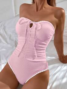 Women'S Solid Color Textured Fabric Tube Top With Drawstring Waist Ruched One-Piece Beach Outfit For Summer Beach Vacation - Pink - View 4