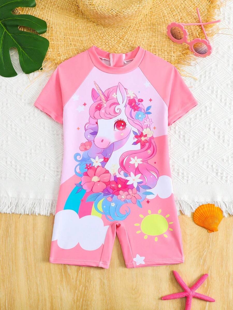 1pc Young Girl One-Piece Swimsuit, Fixed Version Digital Printing