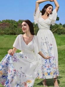 Modelyn 时尚浪漫的女士花卉印花连衣裙 - 杏色 - 查看 4