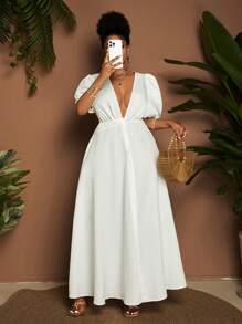 Maweii Robe élégante romantique à volants torsadés col en V fendue, manches lanternes, grande taille