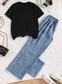 Sparklyn 2pcs Set Teen Girls Bowknot Black Short Sleeve T-Shirt And Denim Effect Wide Leg Pants Suit