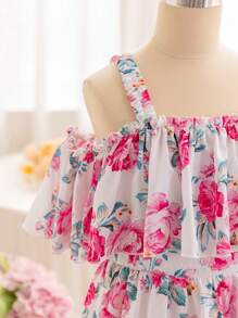 Tween Girl Floral Print Ruffle Ruffle Spaghetti Strap Dress - Pink - View 5