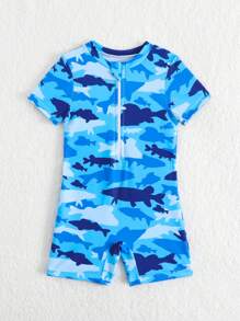 Baby Boy Cartoon Shark Printed One-Piece Swimwear - Multicolor - View 4