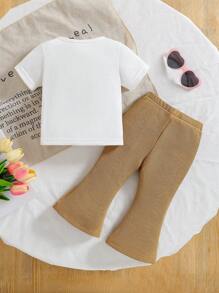 2pcs Baby Girls Cartoon Print Short Sleeve T-Shirt + Solid Color Flared Pants Set - Multicolor - View 2