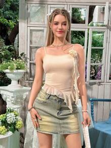 SHEIN Teen Girls' Fitted Casual Simple Round Neck Ruffle Floral Decor Camisole - Apricot - View 4