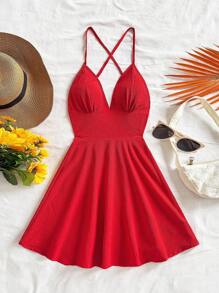 Soleia Women's Solid Color Pleated Criss-Cross Back Cami Mini Dress Beach Vacation Outfits Spring Summer Outfits For Women West Music Festival Bohemia Holiday Boho