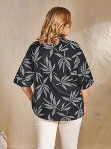 SHEIN LUNE Summer New Loose Leaf Printed Women Shirt - Black - View 2