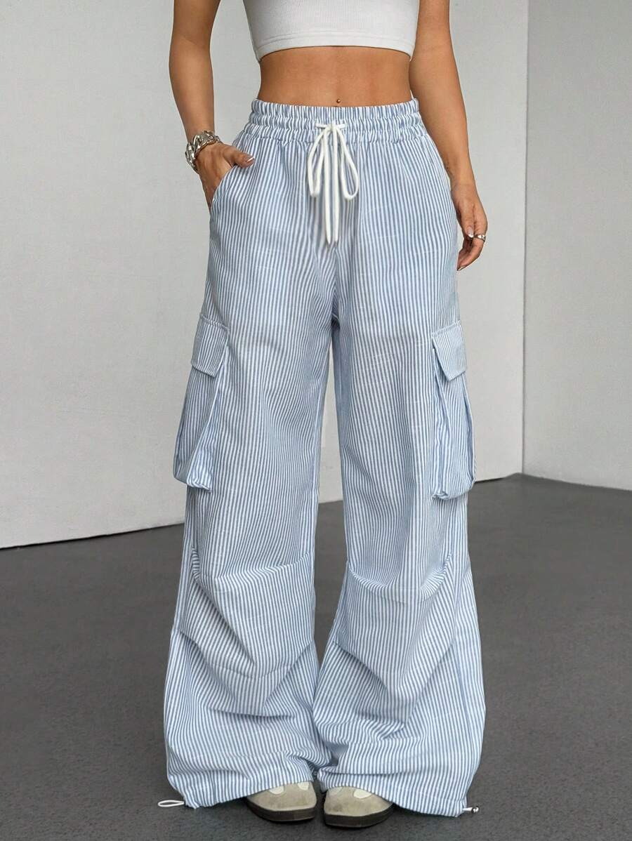 Chiquease 条纹工装口袋休闲运动女裤 - 彩色 - 查看 1