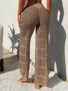 Swim Chiccia Summer Clothes Holiday Solid Color Hollow Knitted Drawstring Waist See-Through Cover-Up Pants,Summer Beach Knit Pantssweater Pantsmesh Pants