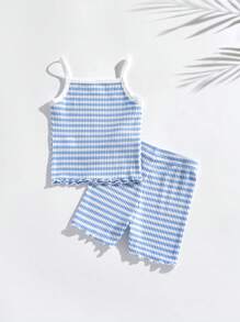 SHEIN Leap Crew Jeunes filles Hauts de débardeur côtelés bleus en tissu côtelé et shorts skinny à taille élastique, ensemble décontracté et confortable - Bleu azur - Voir 2