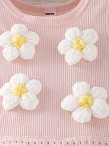 SHEIN Bộ 2 món áo len móc và quần đùi cho bé gái, viền ren hoa, màu be, trang phục đi nghỉ mùa hè thoáng khí, dễ thương và sống động - Màu be - Xem 3