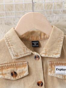 SHEIN One Piece For Young Girl, Denim Dress, Casual Style, Long Sleeve Polo Collar Pocket Cotton Denim Dress, Suitable For Daily Styling, Urban Street Photography, School, Parties, And Various Scenarios In Spring, Summer, And Autumn - Khaki - View 4