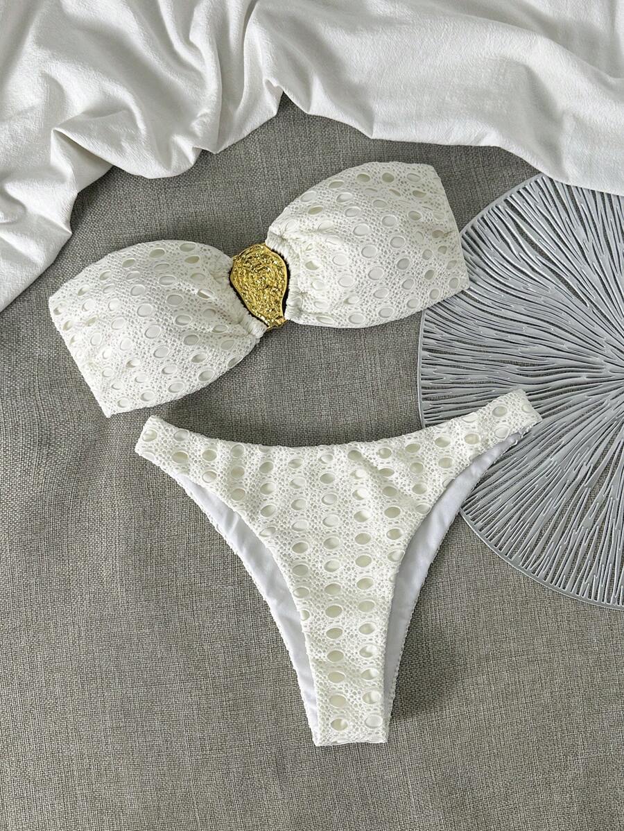 SHEIN Jacquard Knit Bandeau Bikini Top And Shorts 2 Pieces Swimwear, Women Beach Summer Vacation Swimwear Set