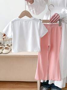 SHEIN 2pcs Set Young Girls Solid Color Crew Neck Fitted Tshirt Top And Flared Fitted Pants - Multicolor - View 4