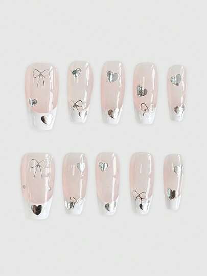 Kawaii 10pcs Simple Heart Bow Nail Stickers + 3pcs Double-Sided Tape, Y2K Detachable Handmade Bow Nail Decals, High-Quality Glossy Nail Stickers, Suitable For Holidays, Parties, Dancing And Daily Wear