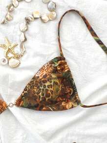 Swim Vcay Set de 2 piezas de top corto de tirantes finos con estampado retro sexy y conjunto de bikini con amarres en la parte posterior para mujeres