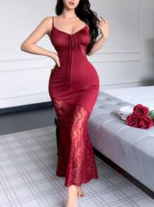 Charlaine Váy Maxi Không Tay Viền Ren Pháp Thanh Lịch, Váy Ngủ Lãng Mạn Cho Quý Cô - Màu Đỏ Sâu - Xem 6