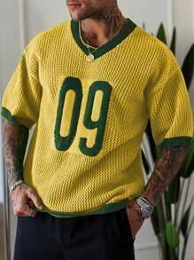 Manfinity Homme 男士街头风格撞色V领数字印花插肩针织套头衫男士针织上衣男士男士度假男士针织上衣男士针织 - 黃色 - 查看 4