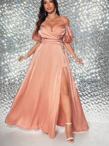 Viva Relle Plus Size Woven Elegant Sexy Ruffle Slit Cami Dress - Pink - View 7