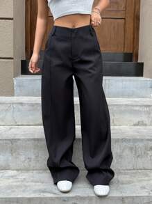 SHEIN EZwear Pantaloni casual diritti a gamba larga con tasche, di colore uniforme, versatili, da donna - nero - Visualizzare 4