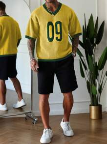 Manfinity Homme 男士街头风格撞色V领数字印花插肩针织套头衫男士针织上衣男士男士度假男士针织上衣男士针织 - 黃色 - 查看 3