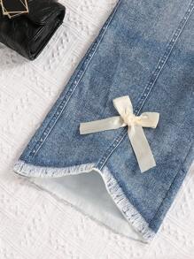 Sparklyn 2pcs Set Teen Girls Bowknot Black Short Sleeve T-Shirt And Denim Effect Wide Leg Pants Suit