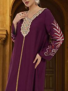 Al Najma Luxury Embroidered  Arabic Desses For Women, Women's Turkish Long Dress,Burgundy Dress,Luxurious Jalabiyas - Rose Red - View 2