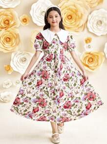 SHEIN Leap Crew Tween Girls' Color Block Peter Pan Collar Puff Sleeve Floral Print Long Dress - Apricot - View 8