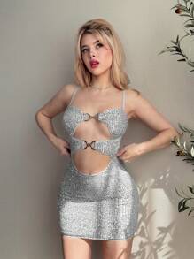EgrlEra Women's Solid Color Sequin Cutout Camisole Mini Sexy Dress