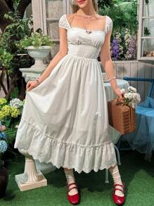 SHEIN Teen Girl White Elegant Lace Trim Collar Puff Sleeve Jacquard Hem Midi Formal Dress - White - View 4