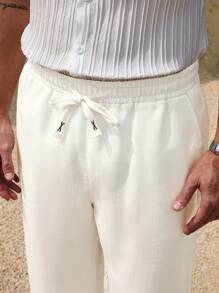 Manfinity RSRT Herren Bambus Knoten Karomuster Lässig Hose, minimalistisch & modisch, geeignet für Sommer, Strandurlaub für Herren, Herren Urlaub, Leinen Herrenhose