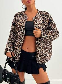 EURMUSE Leopard Is Back, Leopard Printed Round Neck Snap Buttoned Padded Quilted Winter Coat Summer Outfits For Women - Multicolor - View 3