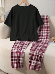 SHEIN Spring New Style Simple Letter Print Top + Plaid Pants Homeware 2pcs Set For Teen Girl - Black - View 2