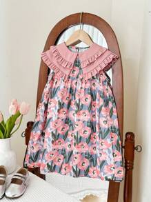 SHEIN 年轻女孩碎花彼得潘领紧身连衣裙假日服装 - 粉色 - 查看 7