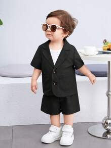 SHEIN Baby Boy/Girl Simple Solid Color Short Sleeve Blazer Jacket & Elastic Waist Shorts Set, Casual Korean Style, Suitable For Summer