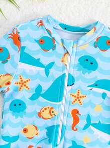 Baby Boy Cartoon Print One-Piece Swimsuit - Multicolor - View 3