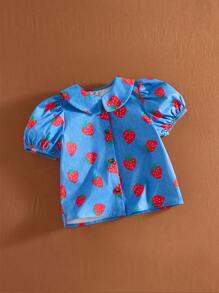 SHEIN Young Girls Strawberry Print Puff Sleeve Collared Button-Down Blouse, Vacation Style Countryside Aesthetic - Blue - View 3