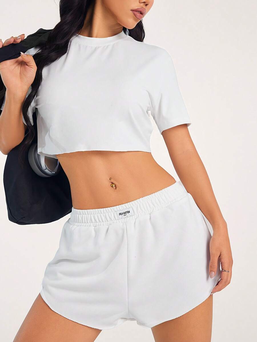 Hanevo 1 pieza Camiseta suelta y corta para mujer, 2 piezas Conjunto de ropa de moda y minimalista - Blanco - Ver 1