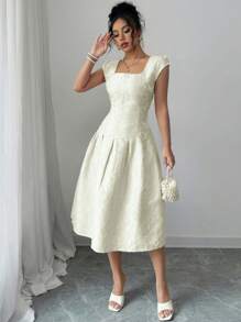 Elenzga Abito casual di media lunghezza in tessuto jacquard, nuovo per il 2025, look elegante per donna - Albicocca - Visualizzare 3