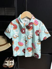 SHEIN 1pc Young Boy Casual School Style Comfortable & Fashionable Sweet Minimalist Multi-Purpose Soft Cute Donut Print Short Sleeve Collar Shirt Top, Suitable For Vacation, Spring/Summer, Holidays, Daily Wear - Blue - View 4